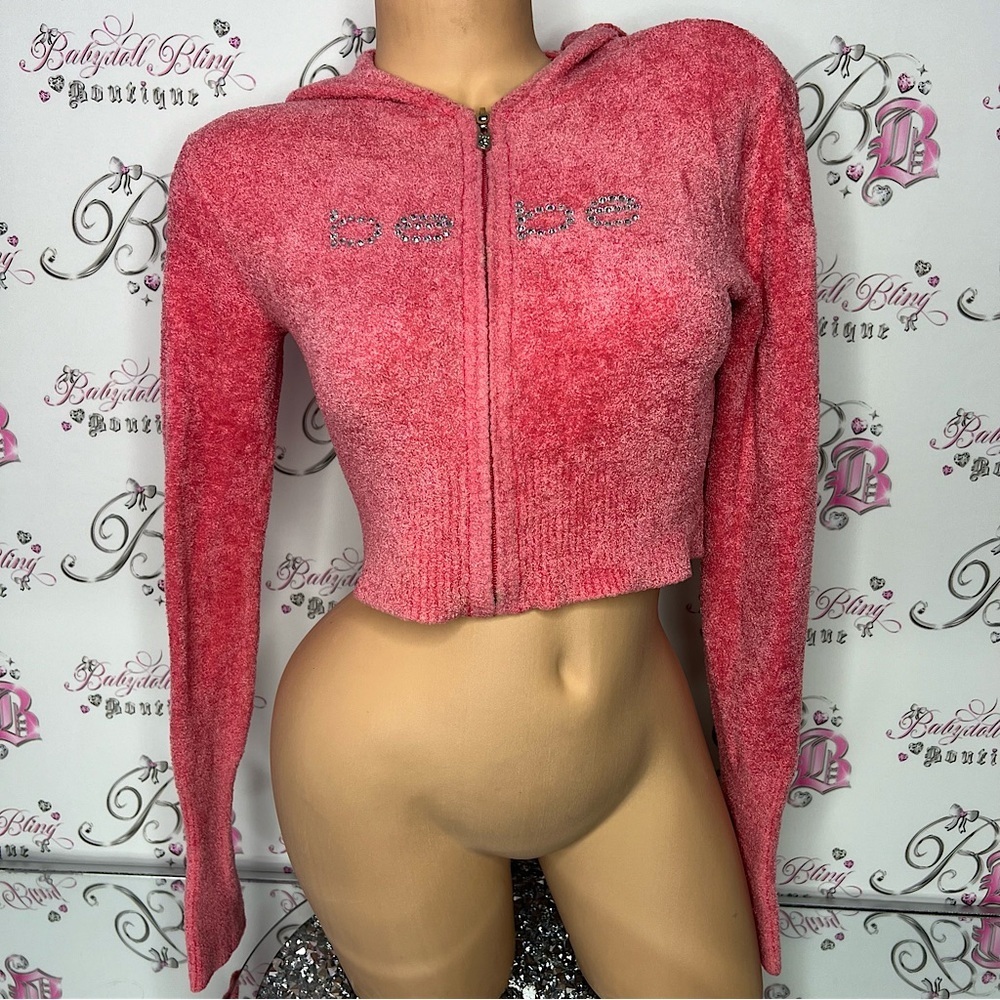 Bebe furry sweater fuzzy cropped pink coral bling rhinestone logo zip up y2k